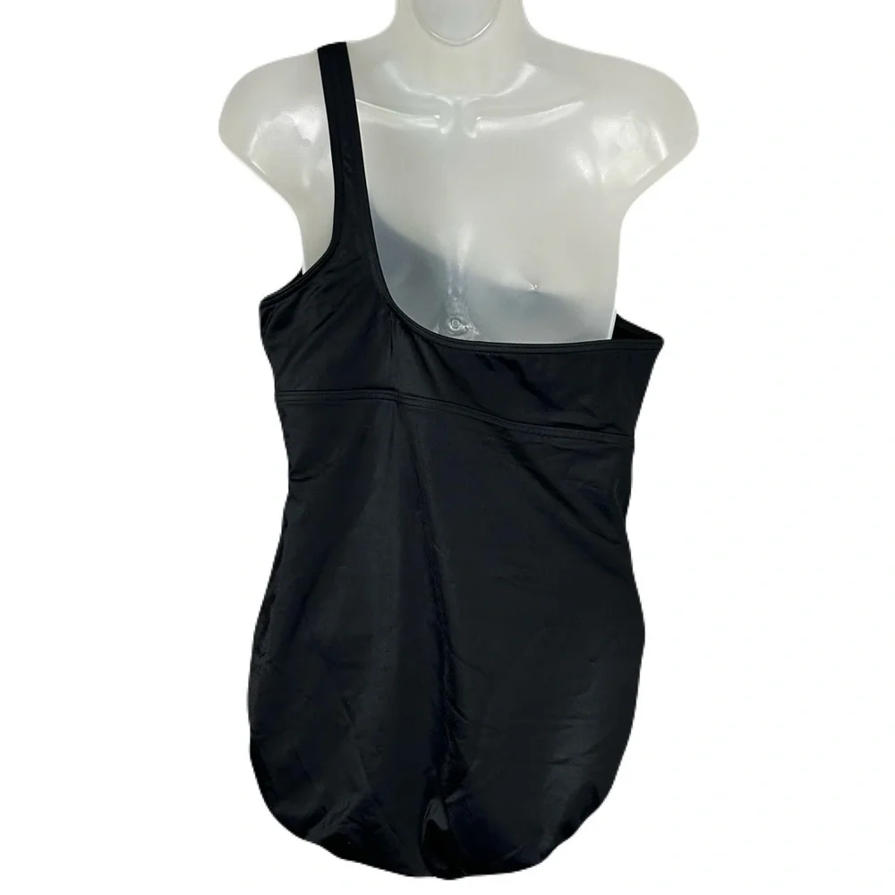 Lands End One‎ Piece Swimsuit Size 16P Asymmetric Soft Cups Shirred Black Beachy